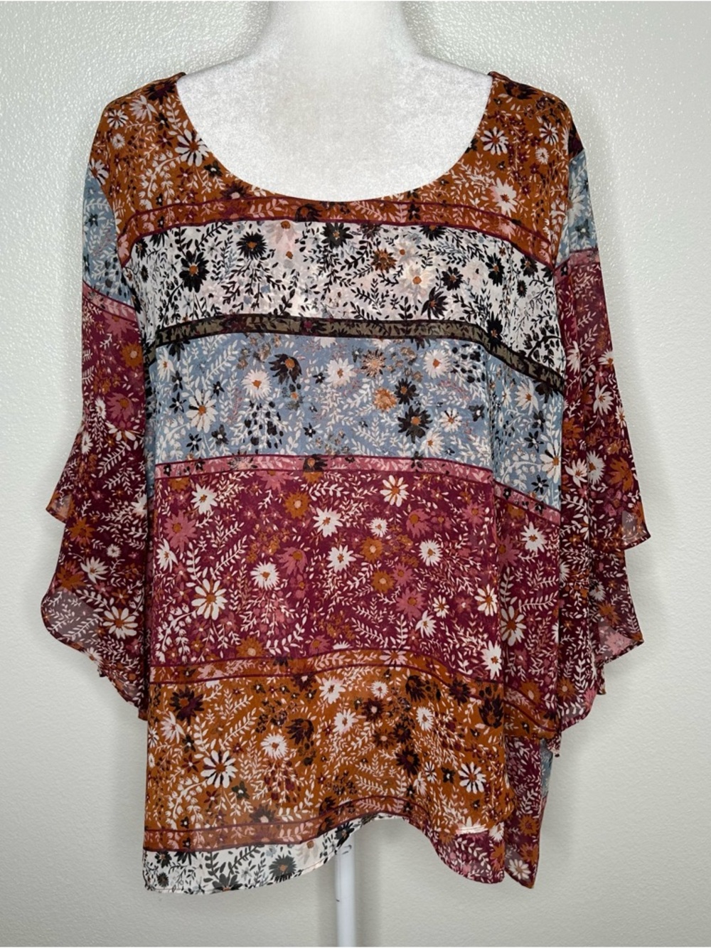 Style & Co. Floral Mixed-Stripe Blouse in Rust, Mauve & Blue
